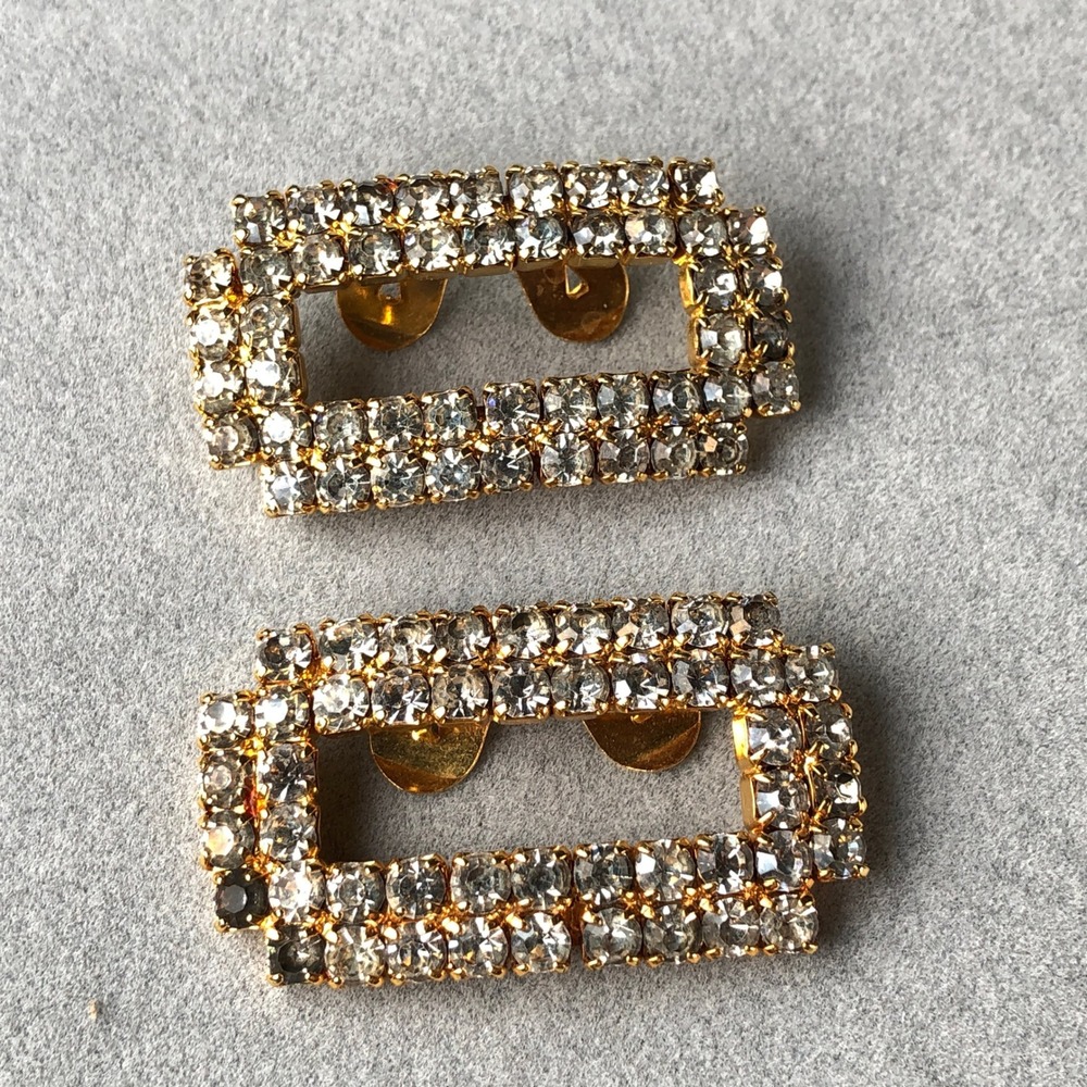 Vintage MUSI‎ Shoe Clips Gold Tone Rhinestone Rectangular Art Deco Style